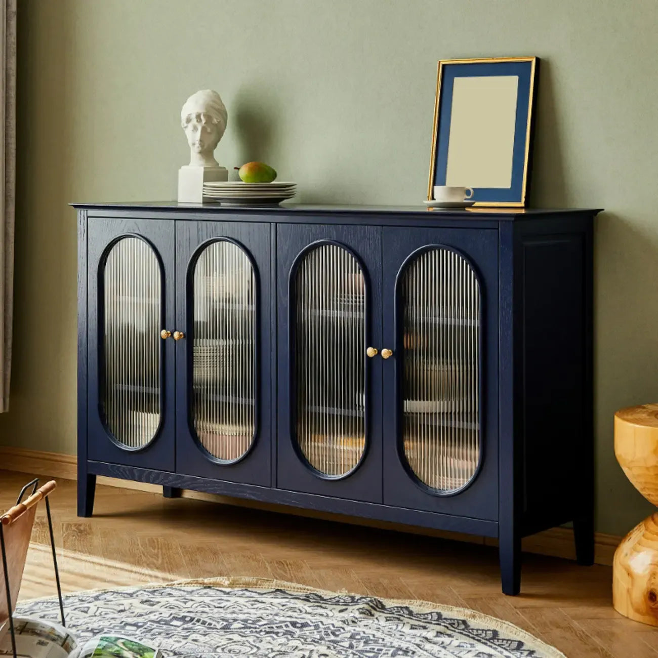 Scandinavian Oak Wooden Oval Fluted Glass Utility Cabinet
