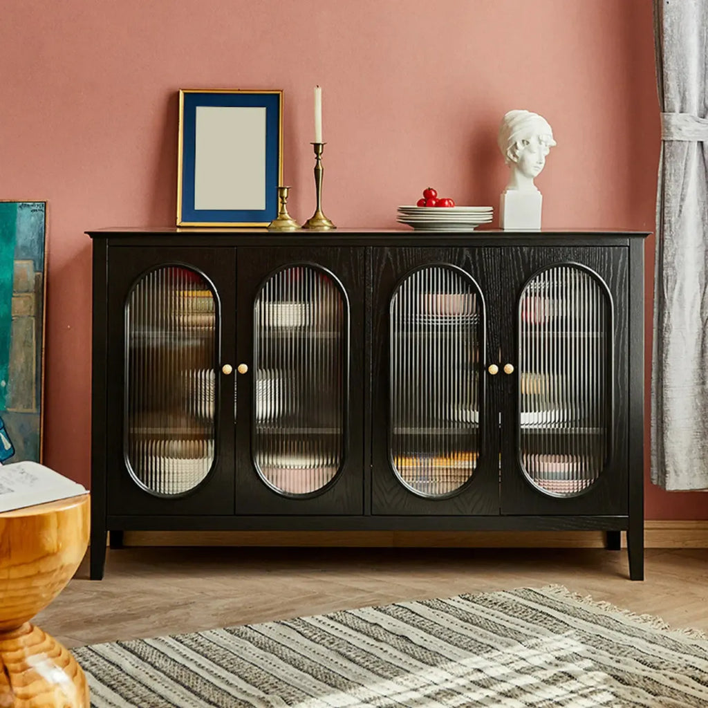 Scandinavian Oak Wooden Oval Fluted Glass Utility Cabinet