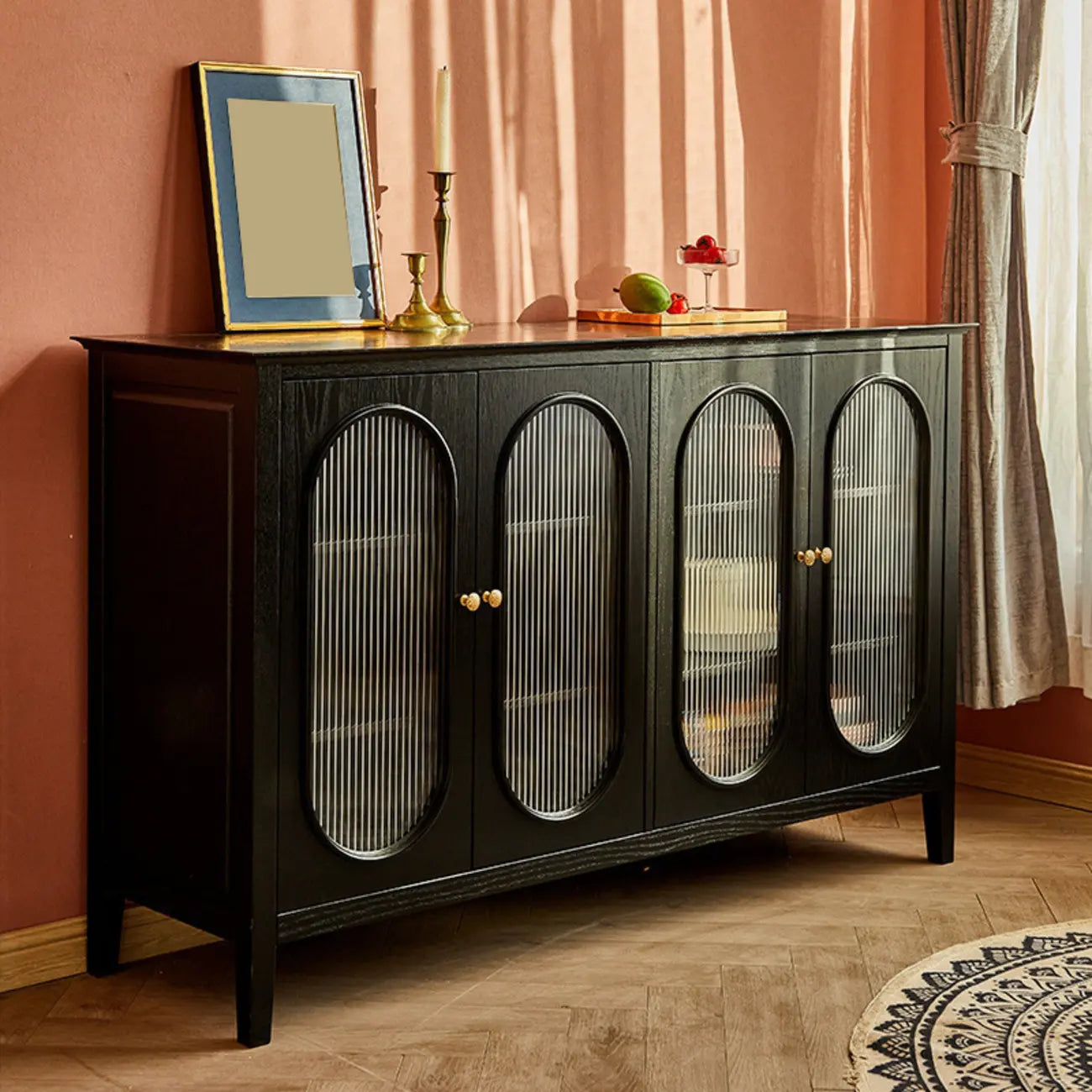 Scandinavian Oak Wooden Oval Fluted Glass Utility Cabinet