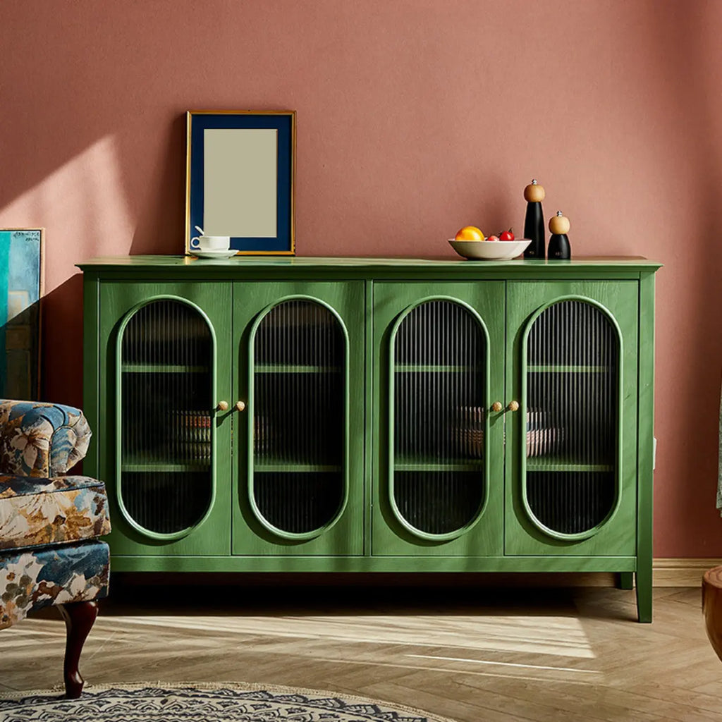 Scandinavian Oak Wooden Oval Fluted Glass Utility Cabinet