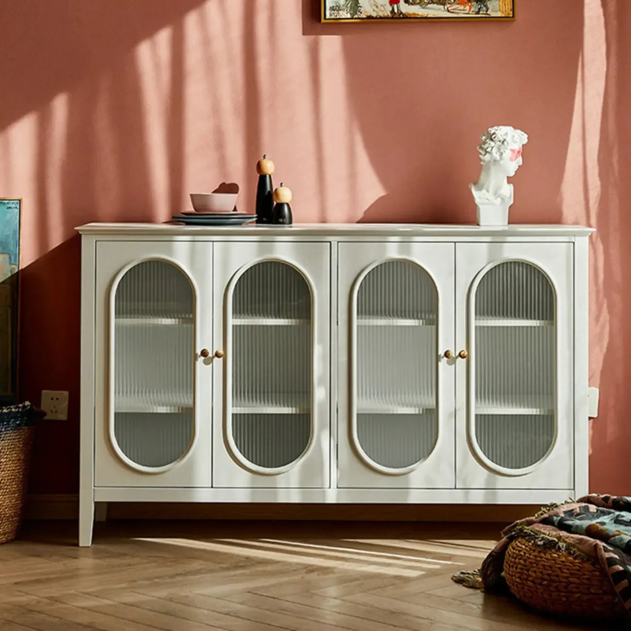 Scandinavian Oak Wooden Oval Fluted Glass Utility Cabinet