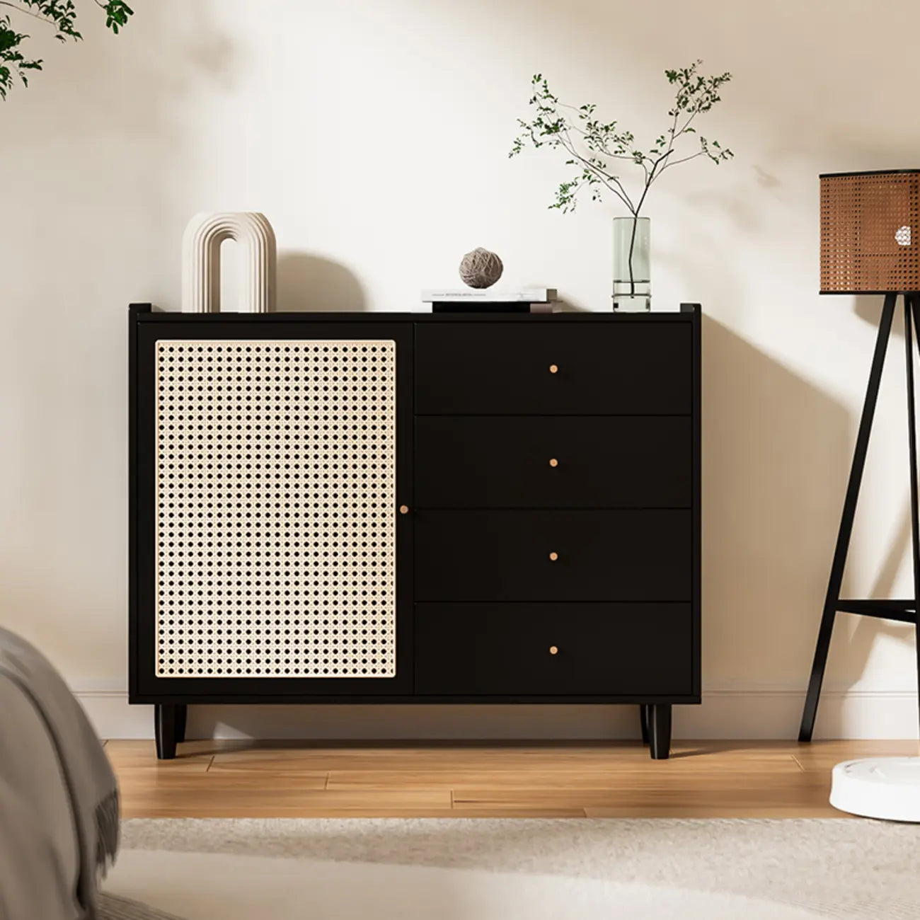 Modern Black Wood Rattan Storage Cabinet for Living Room