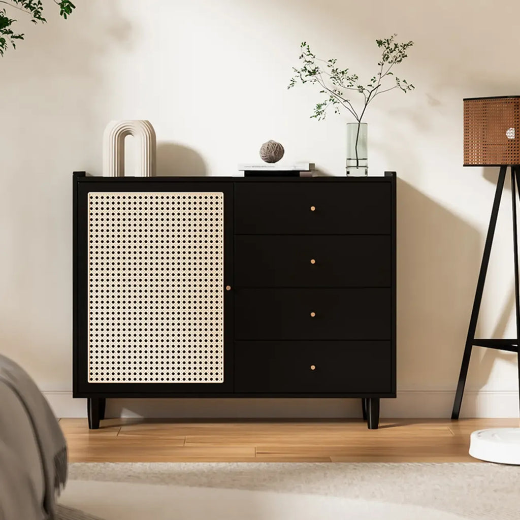 Modern Black Wood Rattan Storage Cabinet for Living Room