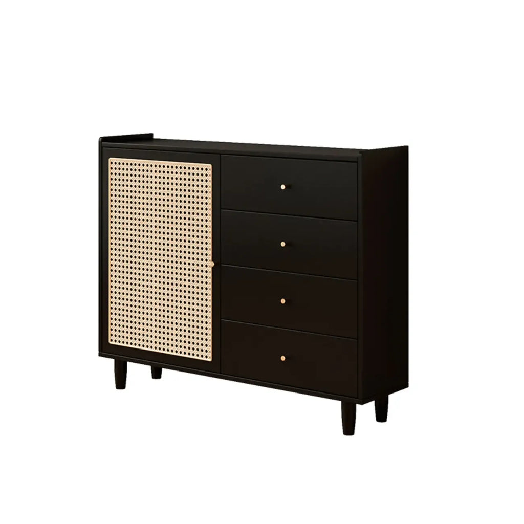 Modern Black Wood Rattan Storage Cabinet for Living Room
