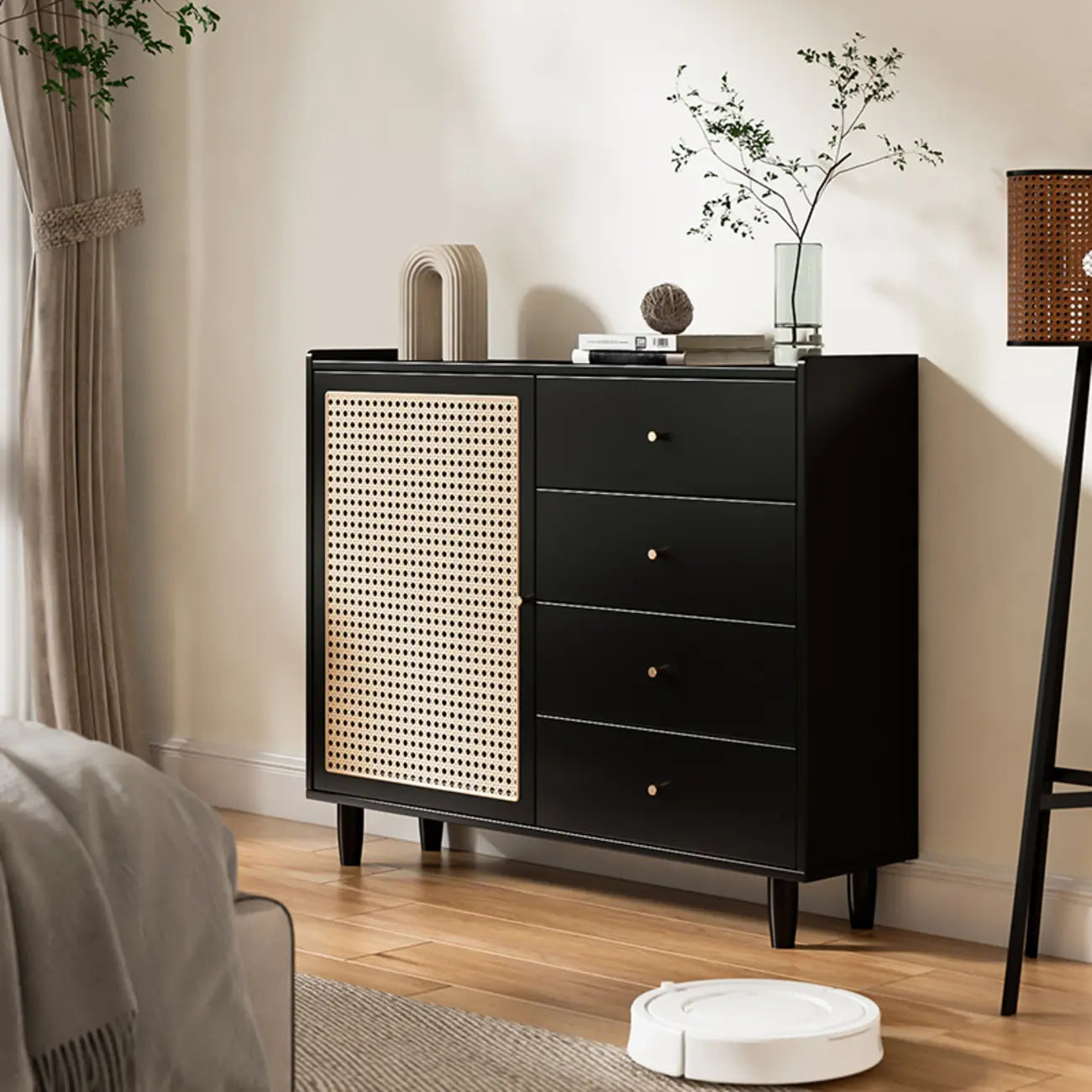 Modern Black Wood Rattan Storage Cabinet for Living Room