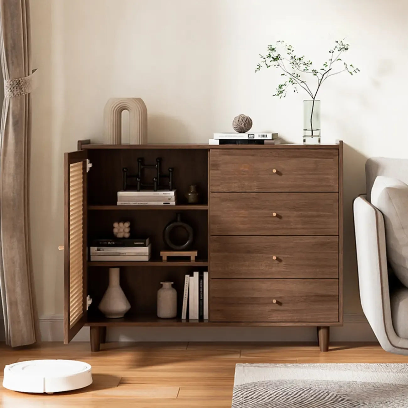 Modern Black Wood Rattan Storage Cabinet for Living Room