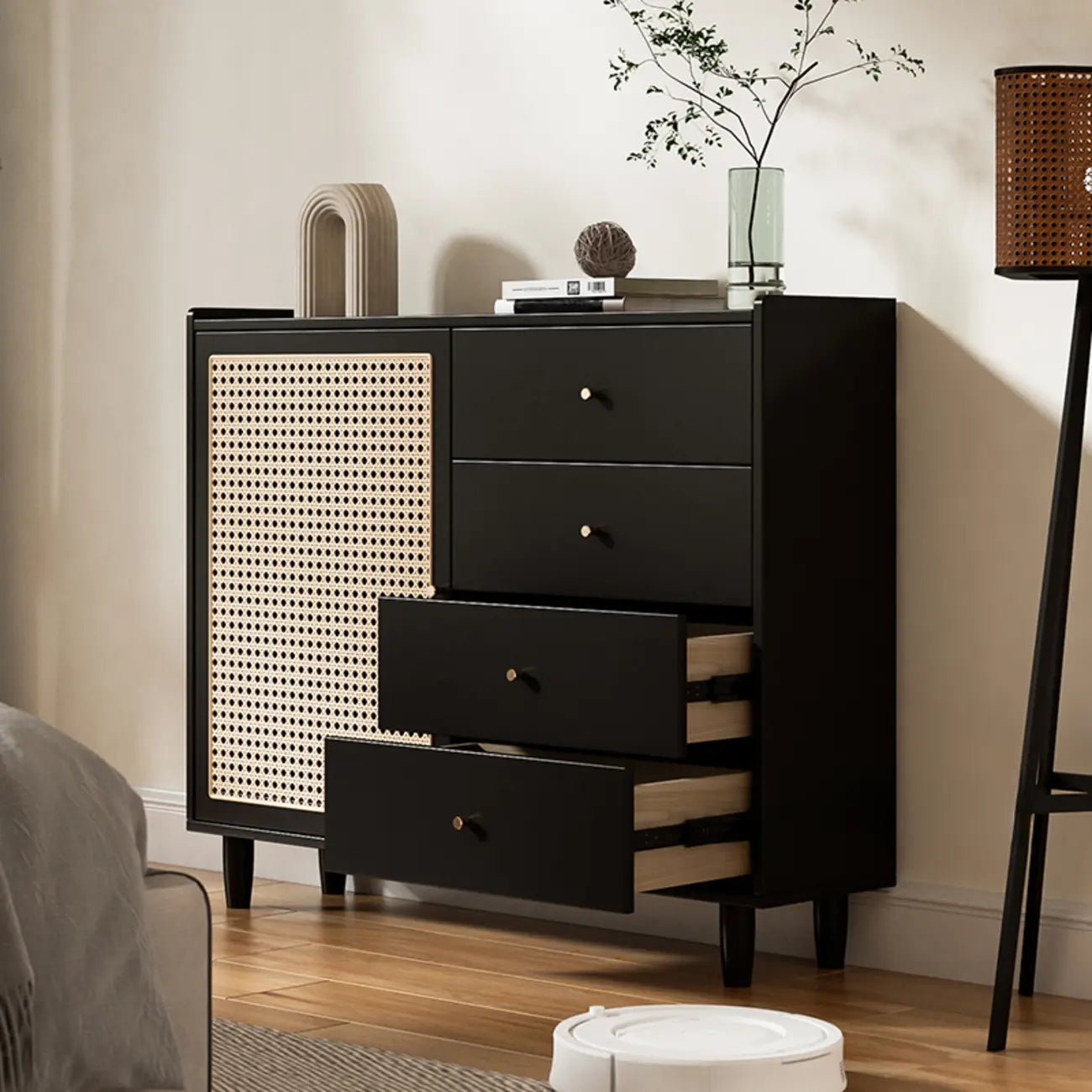 Modern Black Wood Rattan Storage Cabinet for Living Room