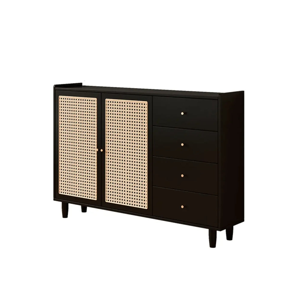 Modern Black Wood Rattan Storage Cabinet for Living Room
