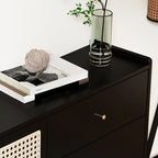 Modern Black Wood Rattan Storage Cabinet for Living Room