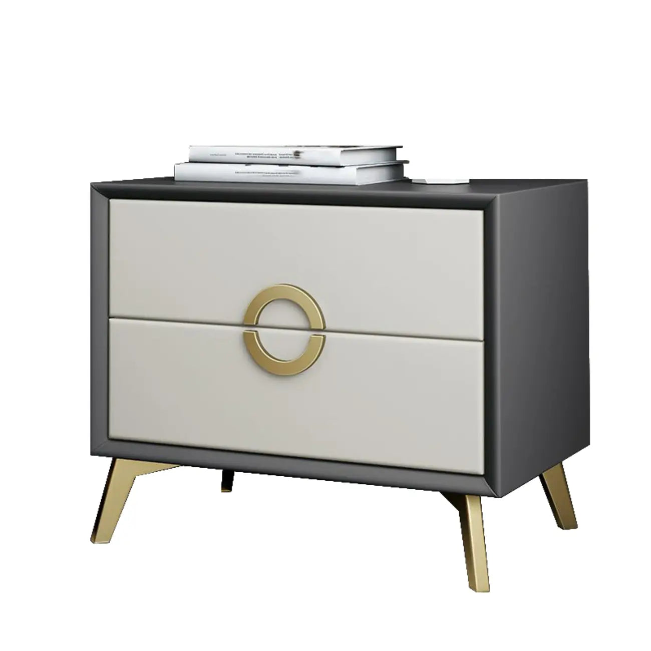 Chic Khaki Leather Gold Accents 2-Drawer Nightstand