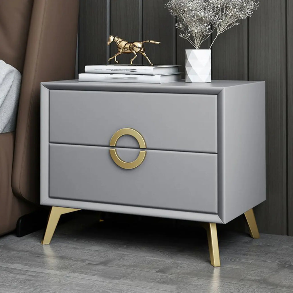 Chic Khaki Leather Gold Accents 2-Drawer Nightstand