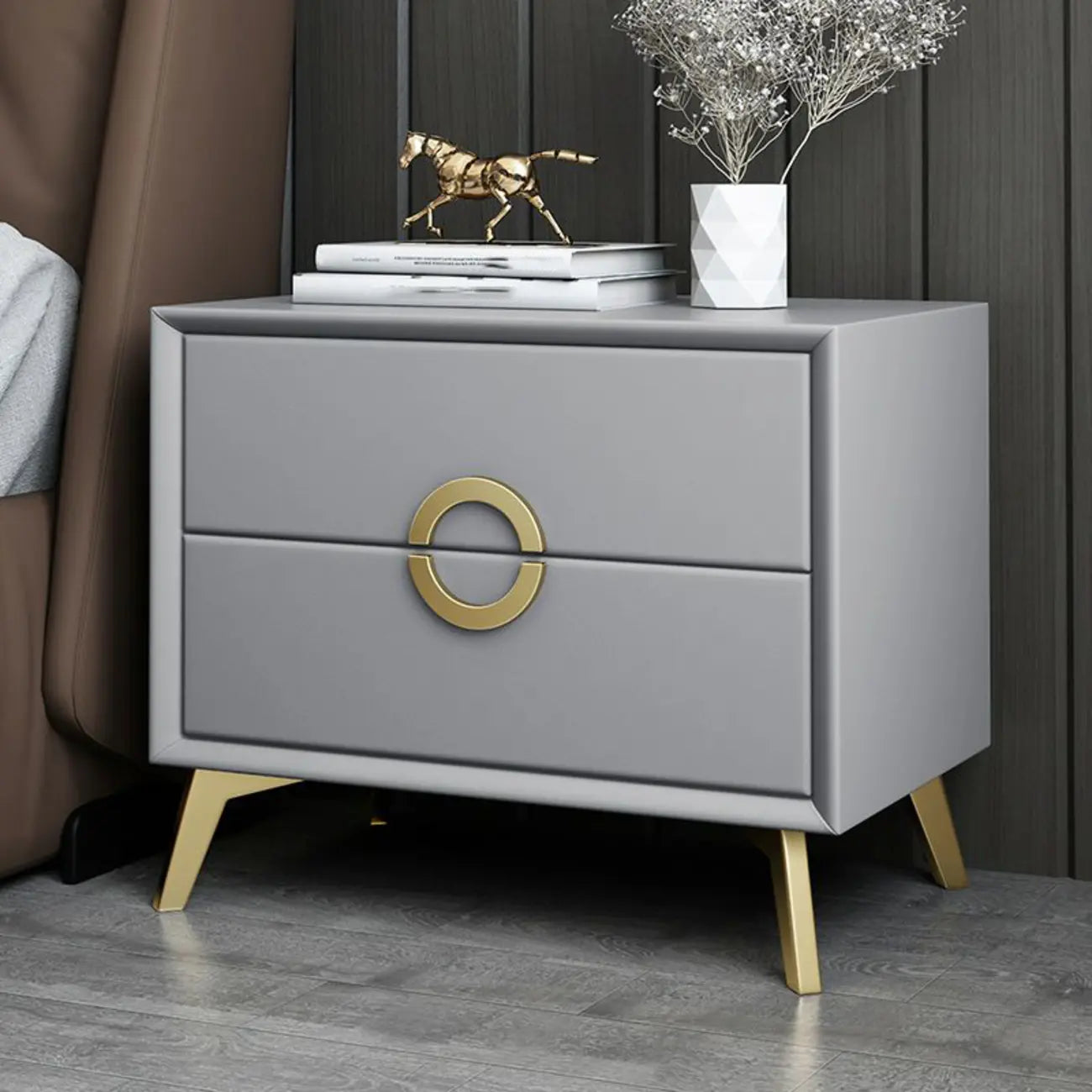 Chic Khaki Leather Gold Accents 2-Drawer Nightstand