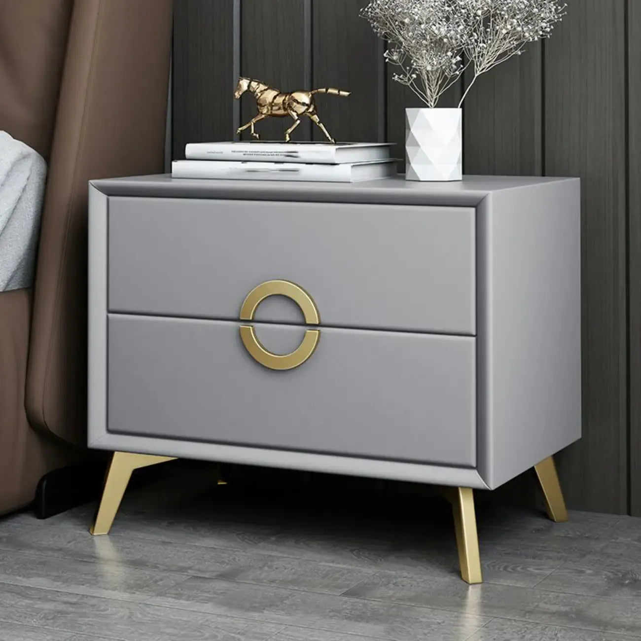 Chic Khaki Leather Gold Accents 2-Drawer Nightstand