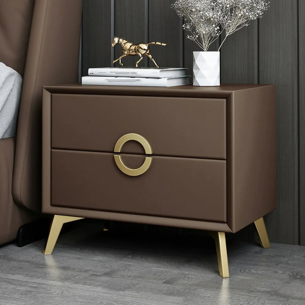 Chic Khaki Leather Gold Accents 2-Drawer Nightstand
