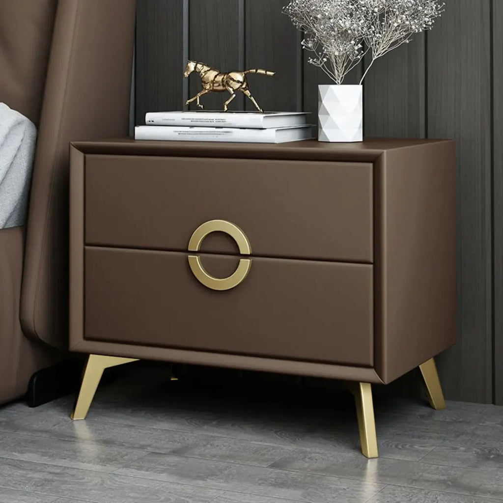 Chic Khaki Leather Gold Accents 2-Drawer Nightstand