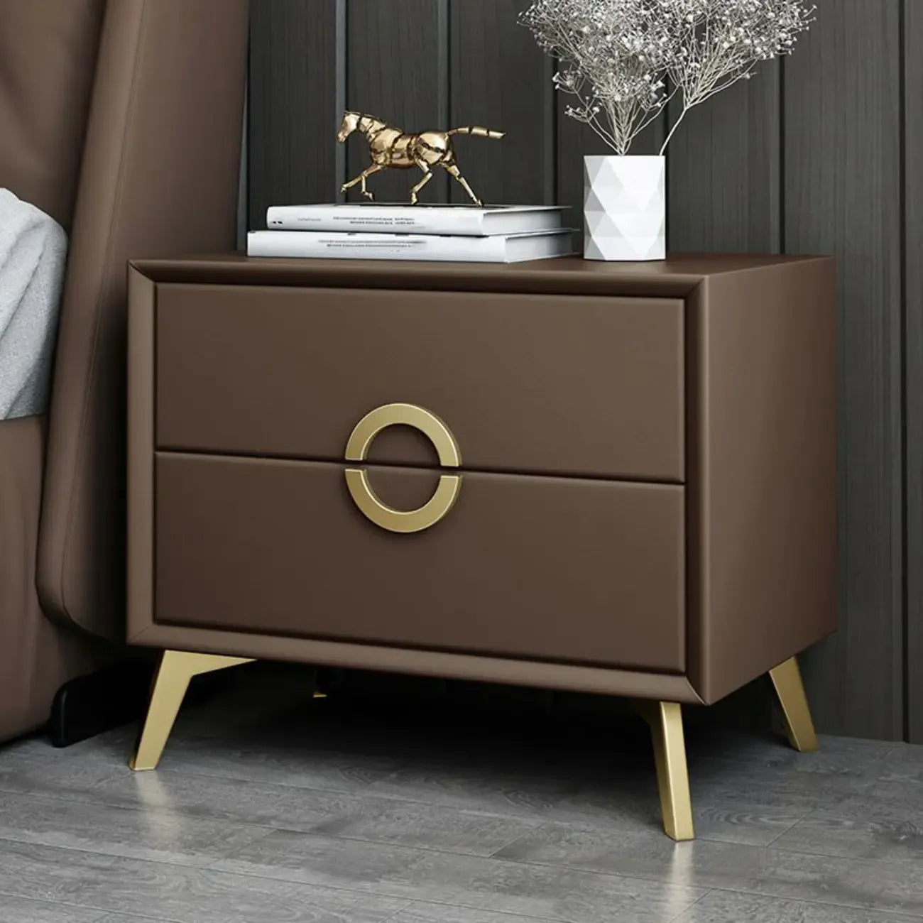 Chic Khaki Leather Gold Accents 2-Drawer Nightstand