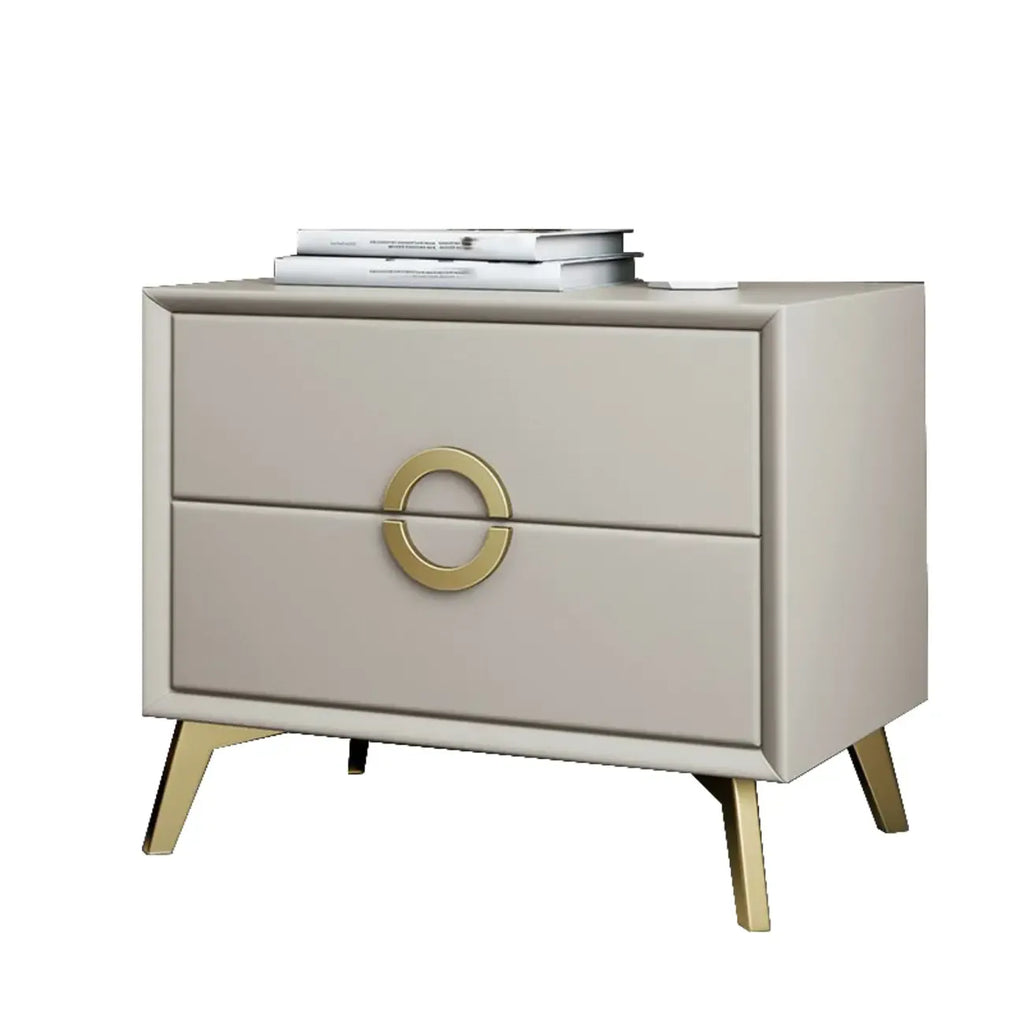 Chic Khaki Leather Gold Accents 2-Drawer Nightstand