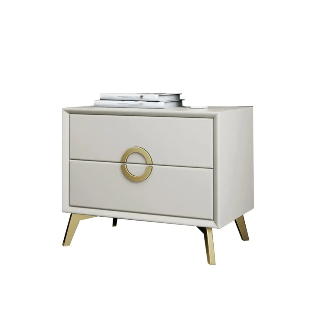 Chic Khaki Leather Gold Accents 2-Drawer Nightstand