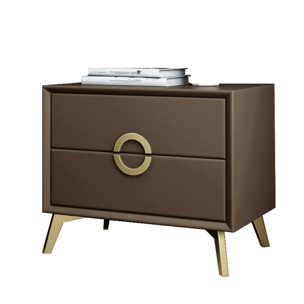 Chic Khaki Leather Gold Accents 2-Drawer Nightstand
