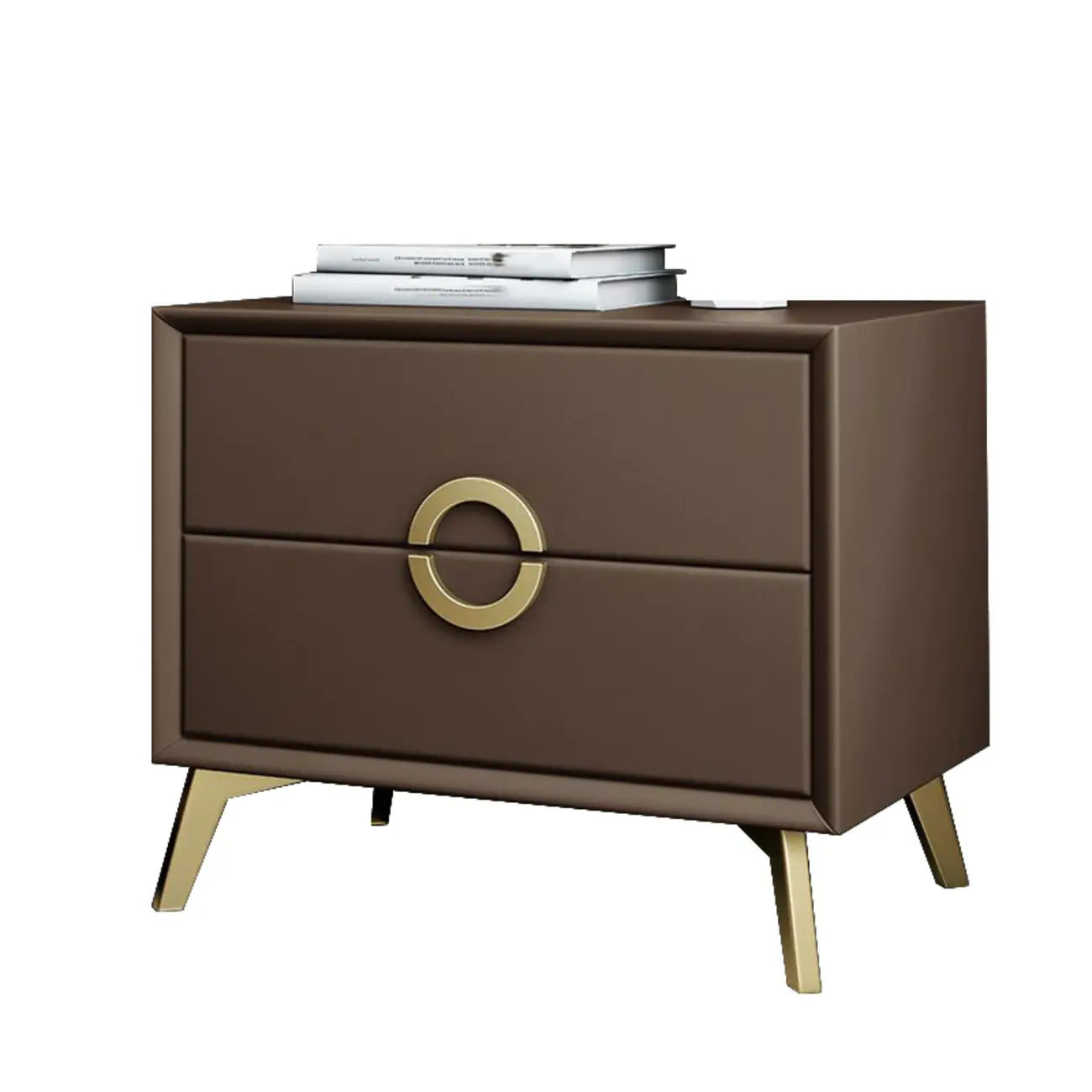 Chic Khaki Leather Gold Accents 2-Drawer Nightstand
