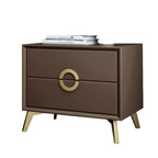 Chic Khaki Leather Gold Accents 2-Drawer Nightstand