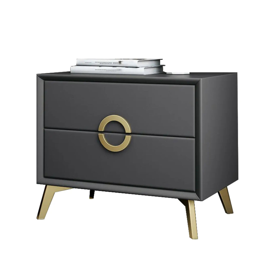 Chic Khaki Leather Gold Accents 2-Drawer Nightstand