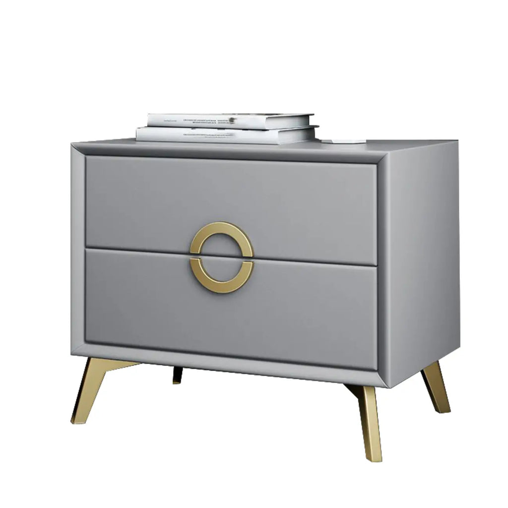 Chic Khaki Leather Gold Accents 2-Drawer Nightstand