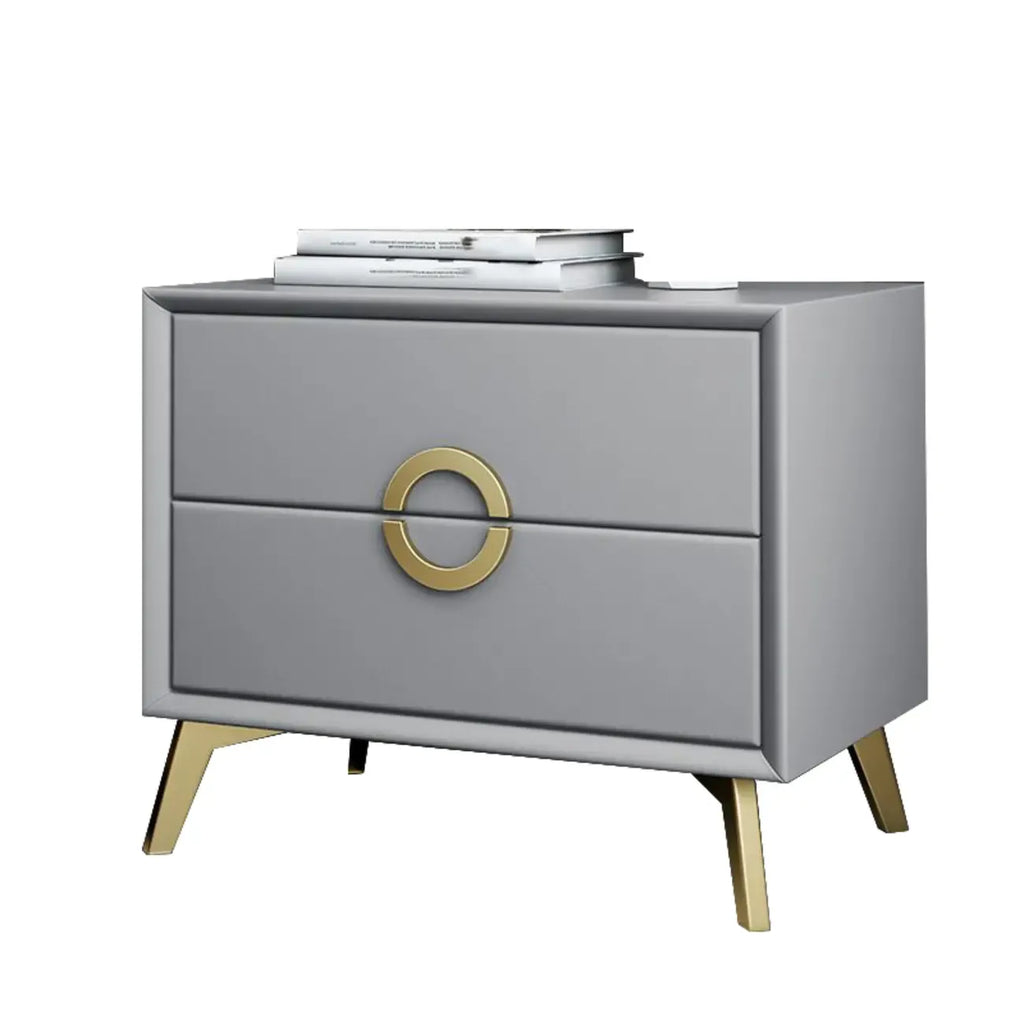 Chic Khaki Leather Gold Accents 2-Drawer Nightstand