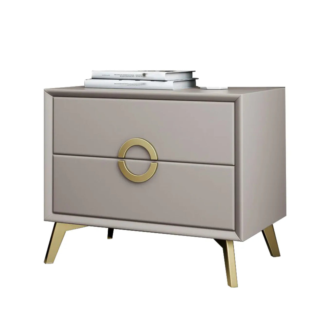 Chic Khaki Leather Gold Accents 2-Drawer Nightstand