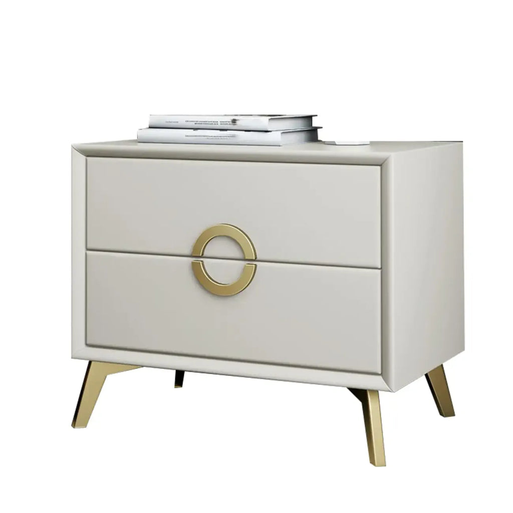 Chic Khaki Leather Gold Accents 2-Drawer Nightstand