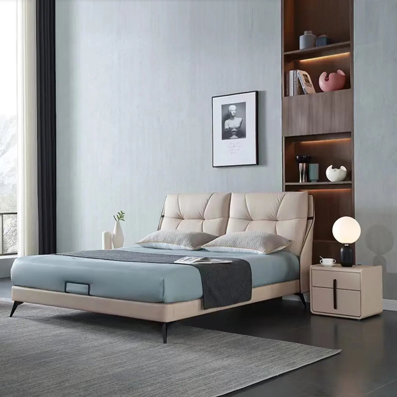 Modern Leather Top Wood 2-Drawer Nightstand