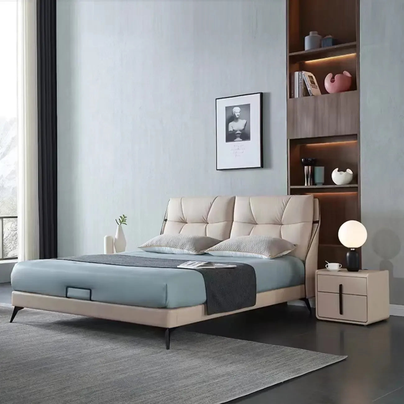 Modern Leather Top Wood 2-Drawer Nightstand