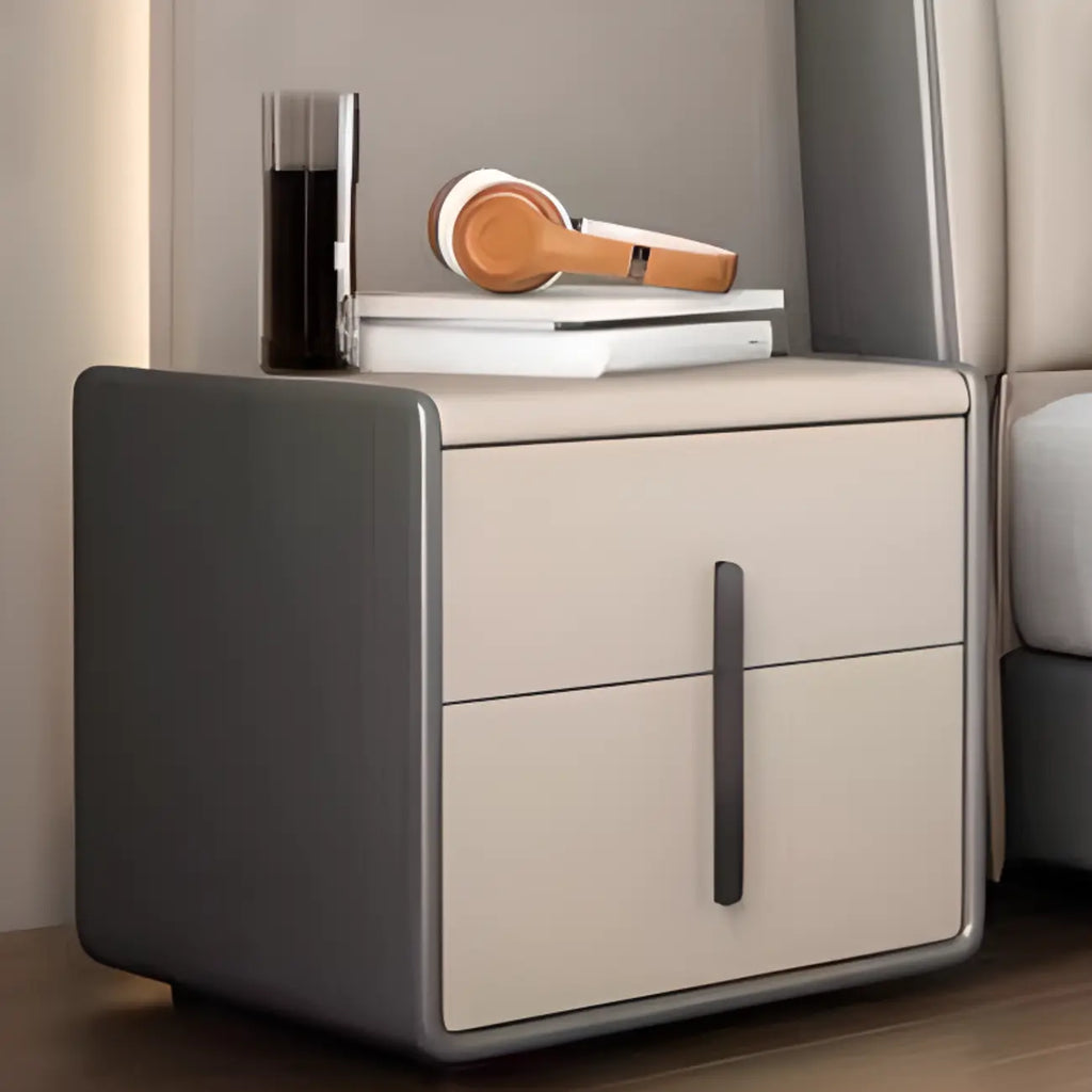 Modern Leather Top Wood 2-Drawer Nightstand