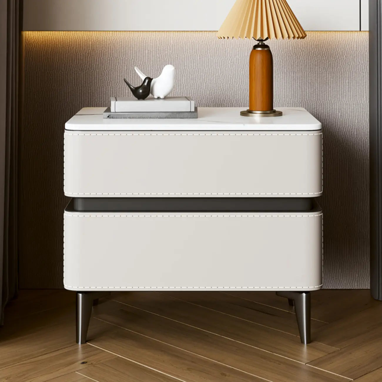 Stylish Faux Marble Leather Drawer Nightstand with Metal Legs