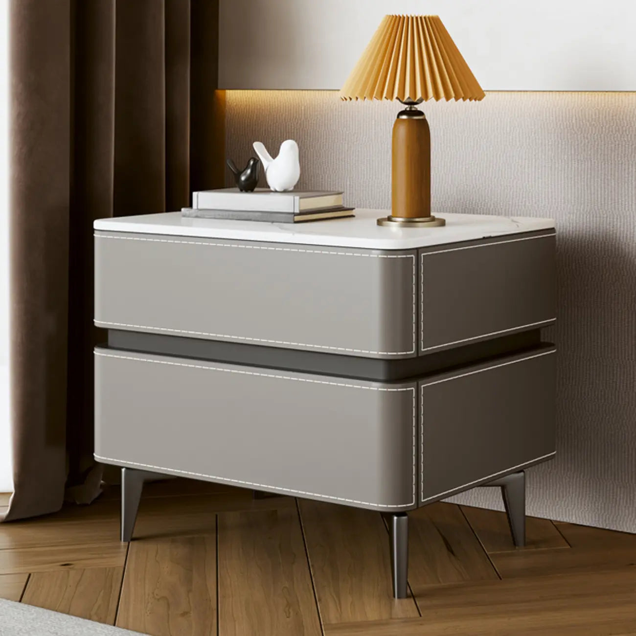 Stylish Faux Marble Leather Drawer Nightstand with Metal Legs