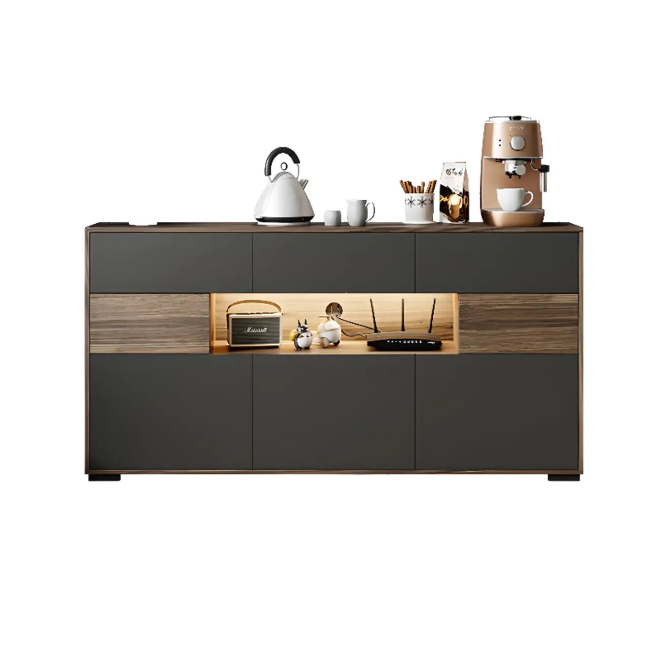 63 Black Wood Cabinet TV Stand with Open Shelving and Lights