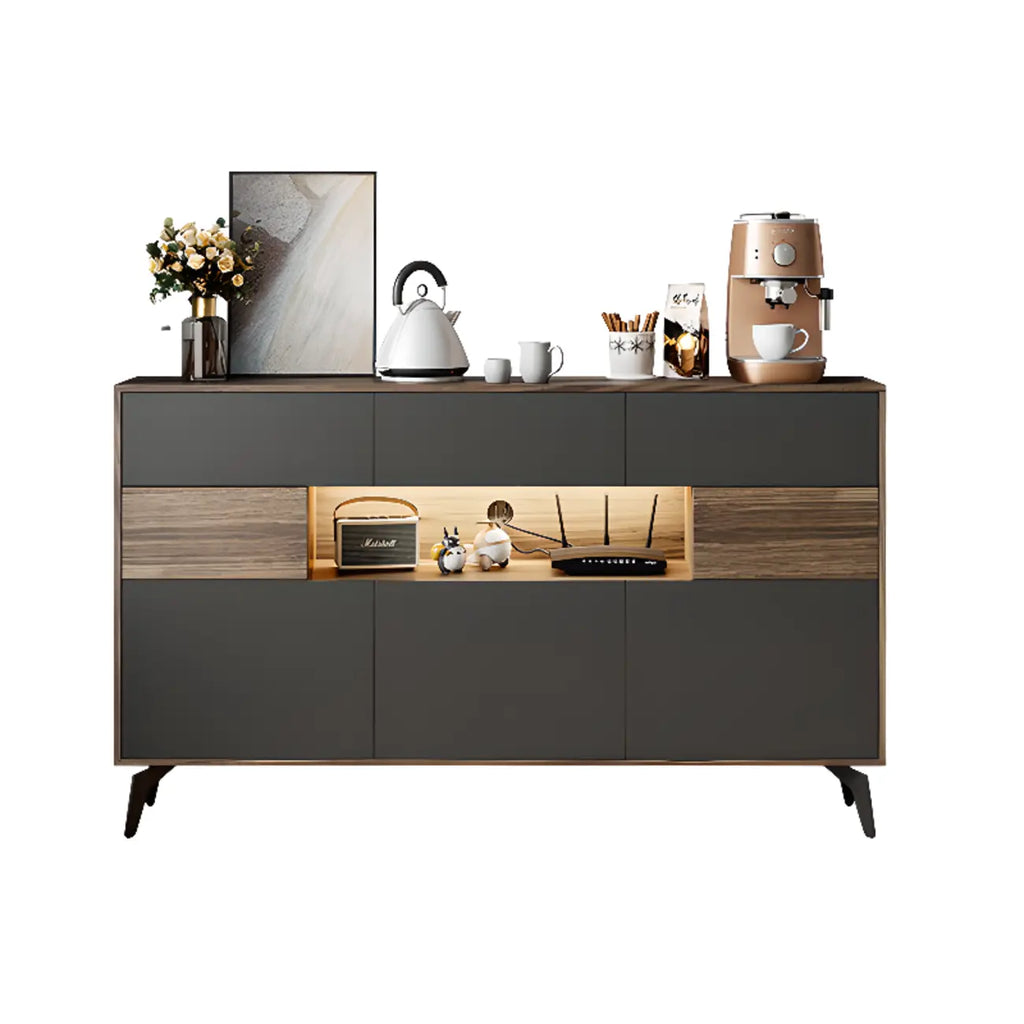 63 Black Wood Cabinet TV Stand with Open Shelving and Lights