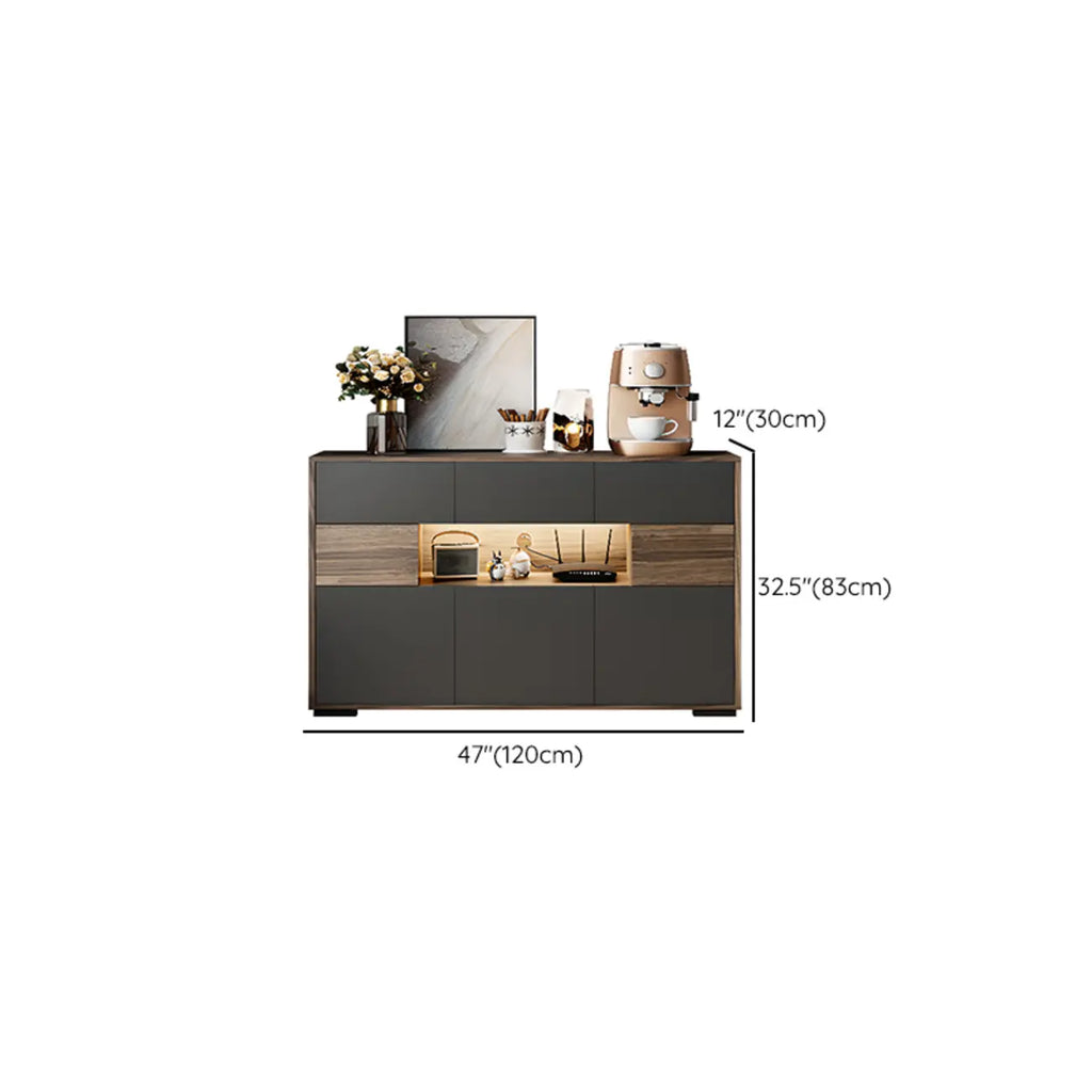 63 Black Wood Cabinet TV Stand with Open Shelving and Lights