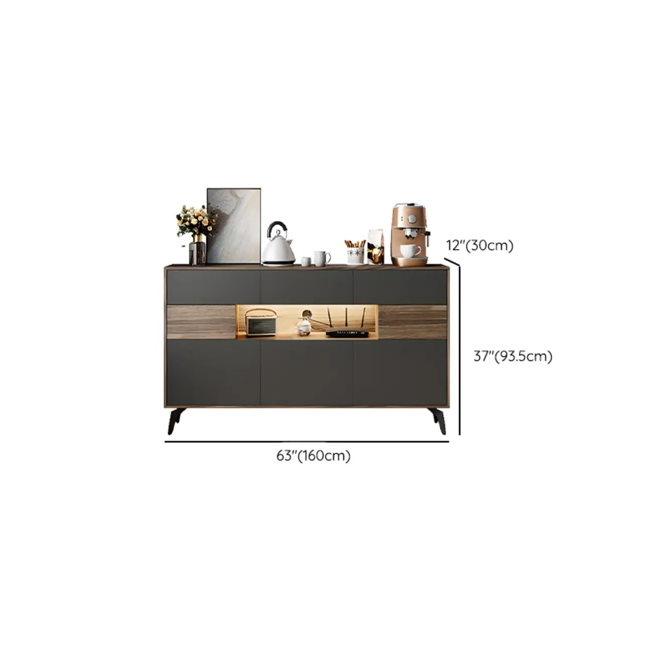 63 Black Wood Cabinet TV Stand with Open Shelving and Lights