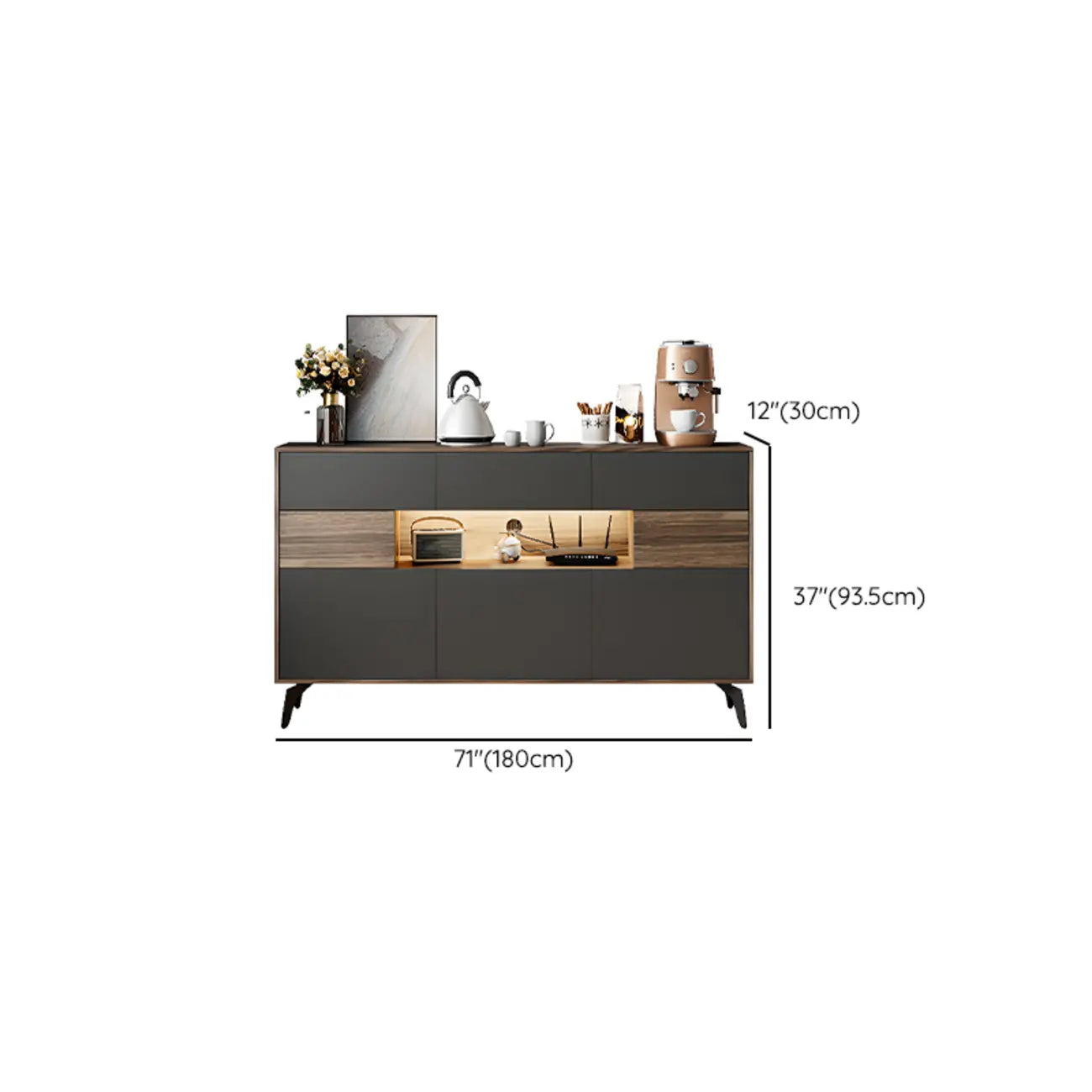 63 Black Wood Cabinet TV Stand with Open Shelving and Lights