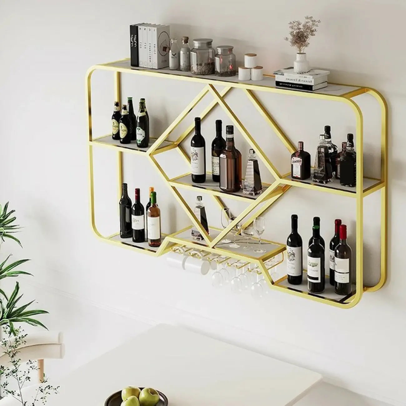 Gold Metal Diamond Wall-Mounted Wine Glass Rack