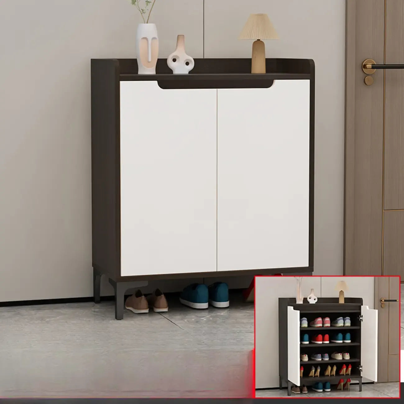 Sleek Milk Cocoa Wood Shoe Cabinet with Display Top