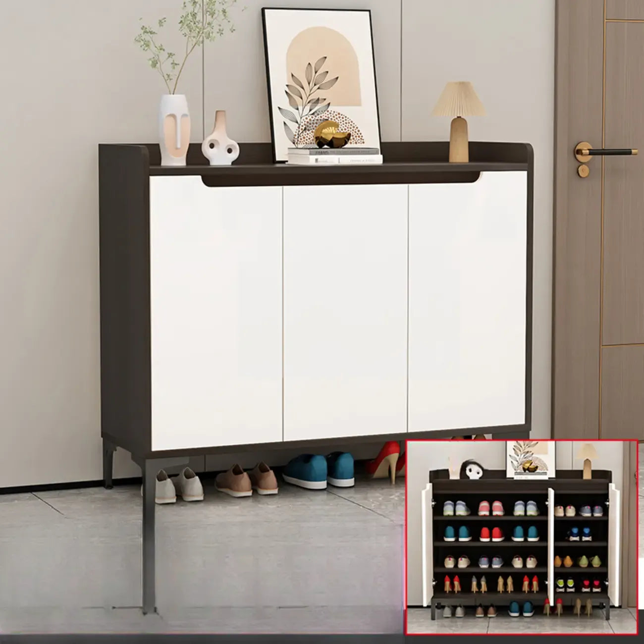 Sleek Milk Cocoa Wood Shoe Cabinet with Display Top
