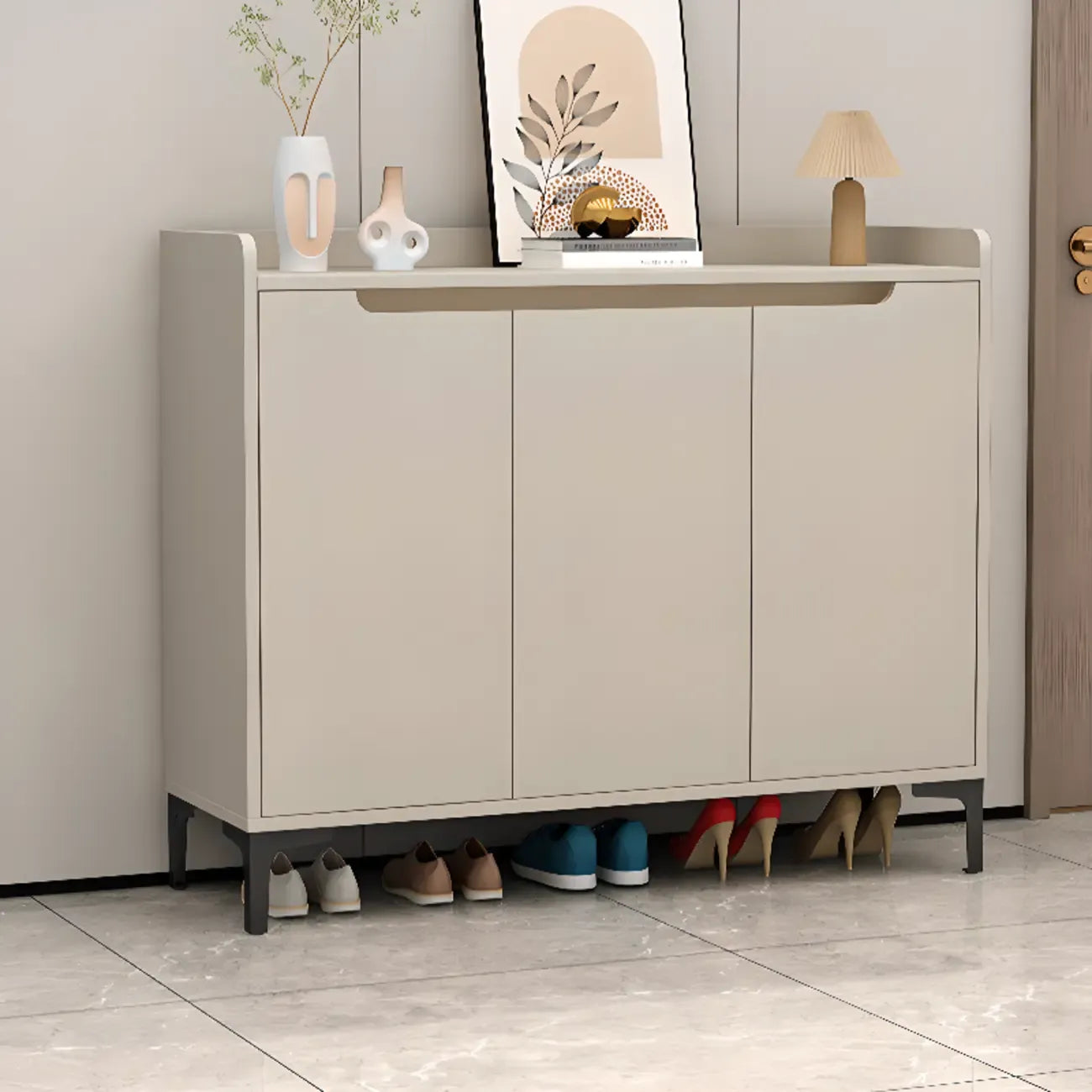 Sleek Milk Cocoa Wood Shoe Cabinet with Display Top