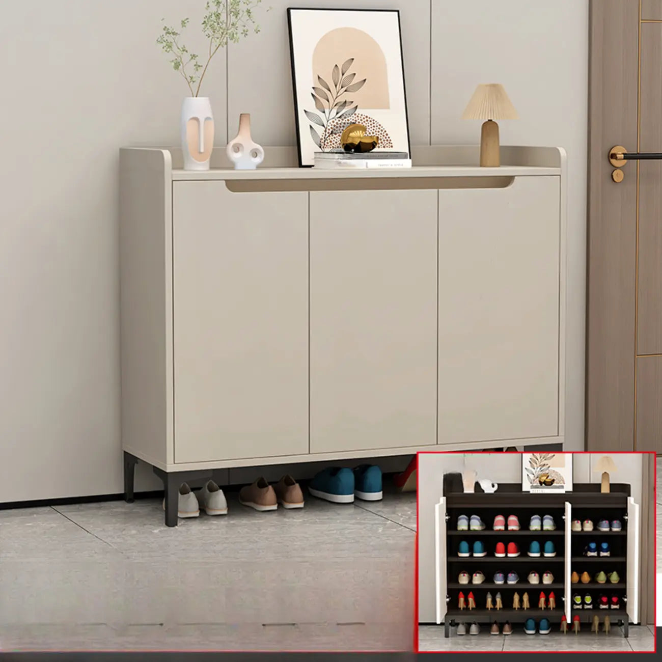 Sleek Milk Cocoa Wood Shoe Cabinet with Display Top