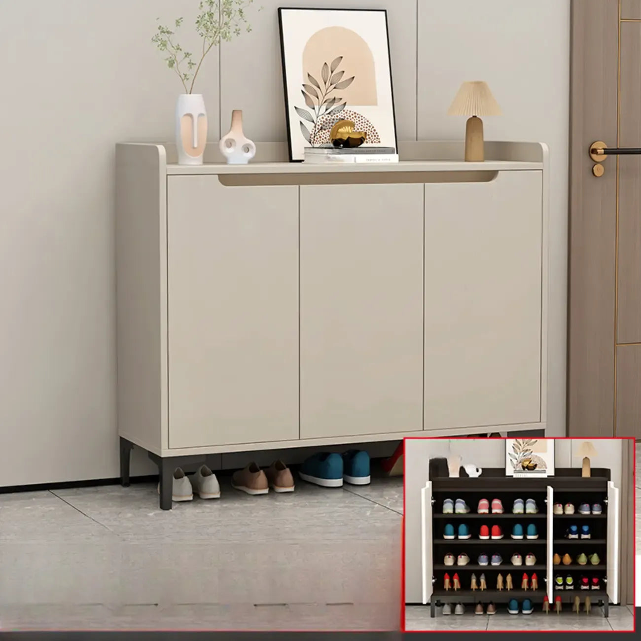 Sleek Milk Cocoa Wood Shoe Cabinet with Display Top