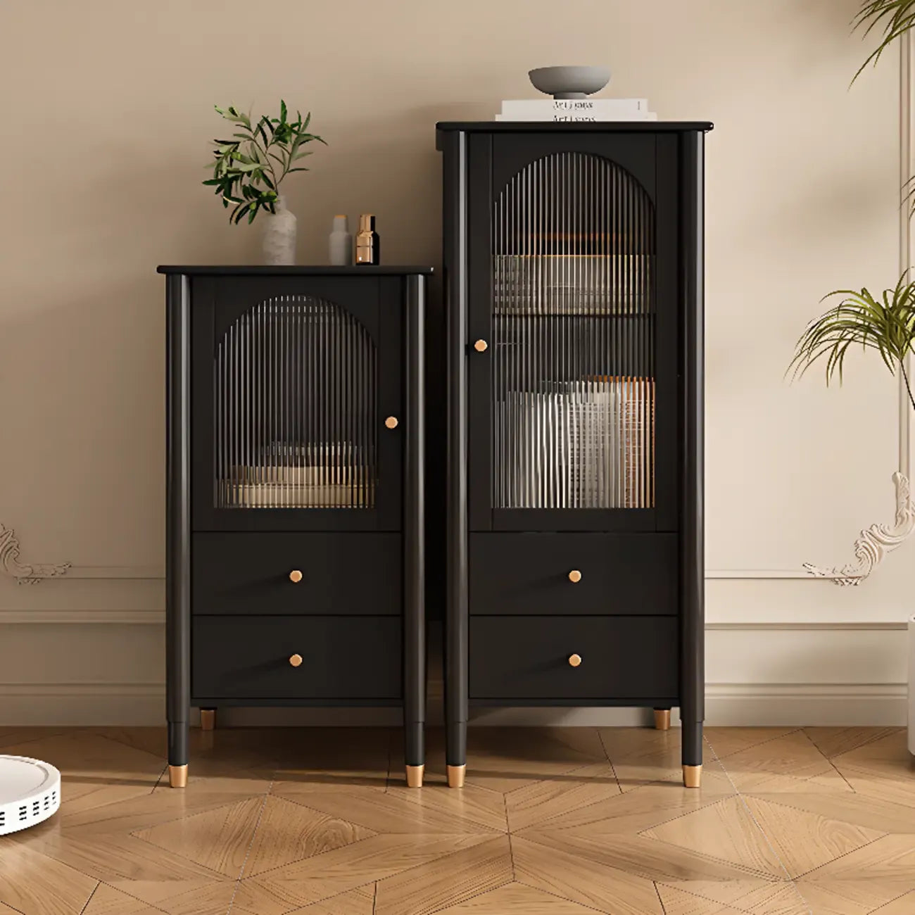 Modern Black Gold Wood Adjustable Shelves Glass Door Cabinet