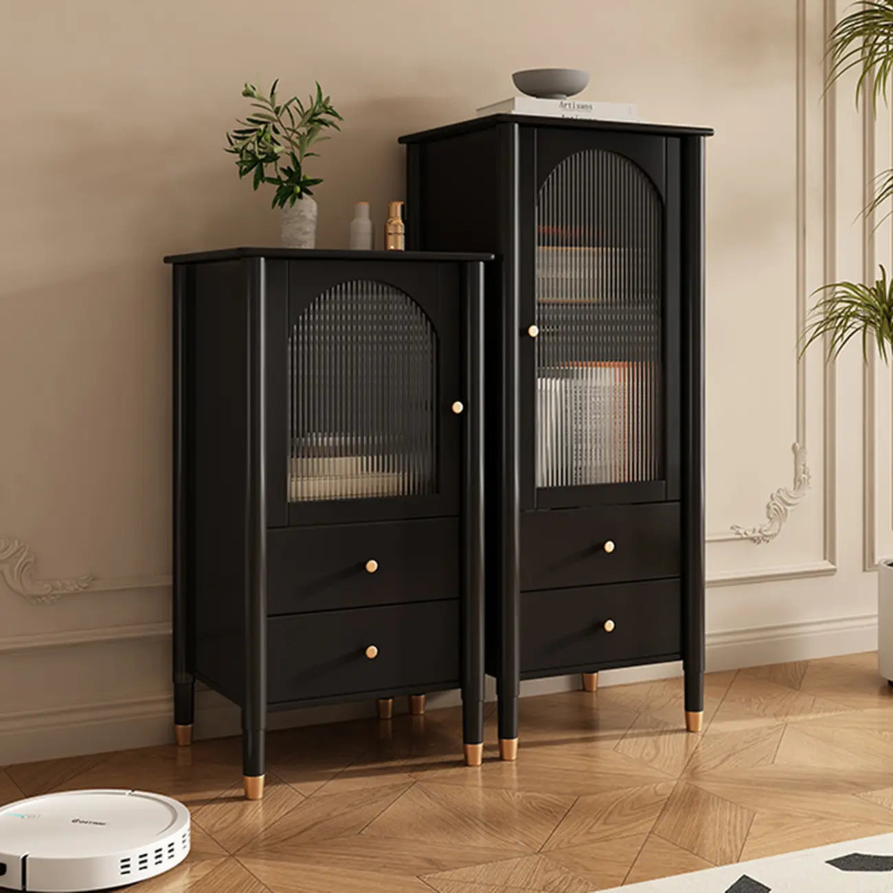 Modern Black Gold Wood Adjustable Shelves Glass Door Cabinet