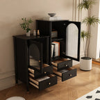 Modern Black Gold Wood Adjustable Shelves Glass Door Cabinet