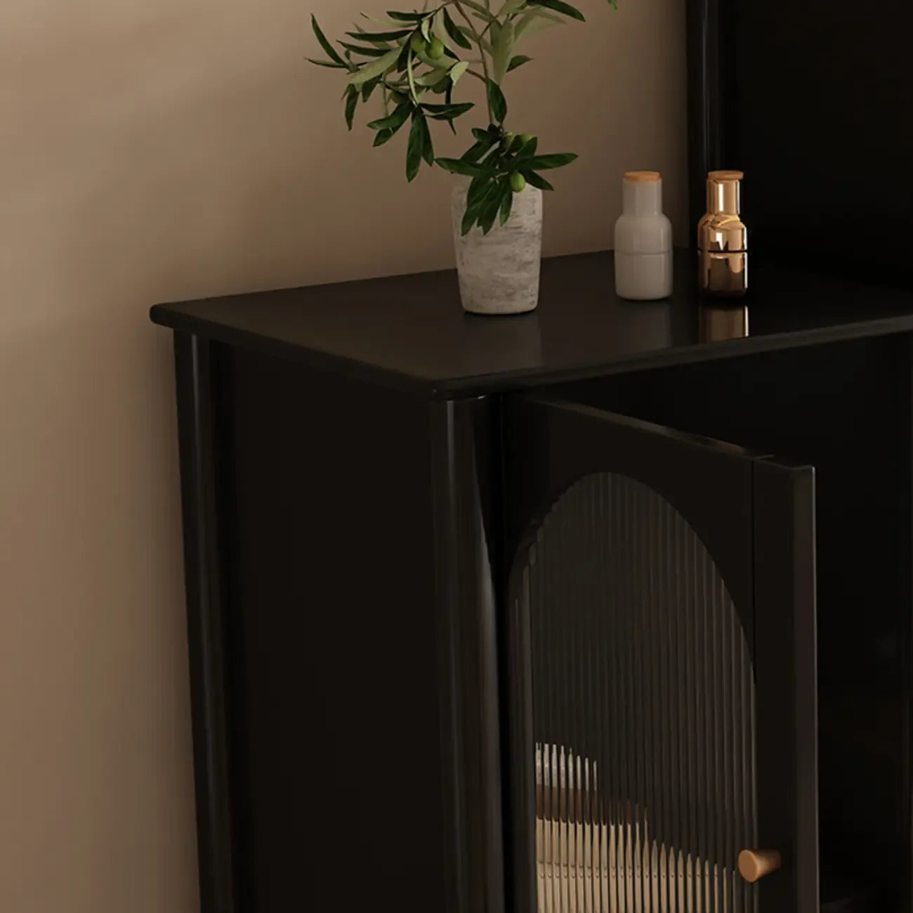 Modern Black Gold Wood Adjustable Shelves Glass Door Cabinet